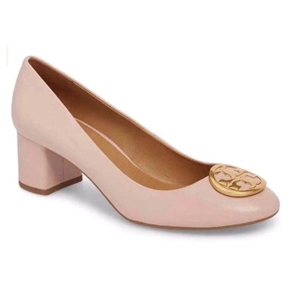 Tory Burch Benton Pink Leather Block Heel Pumps Gold Logo size 10 - Picture 3 of 15